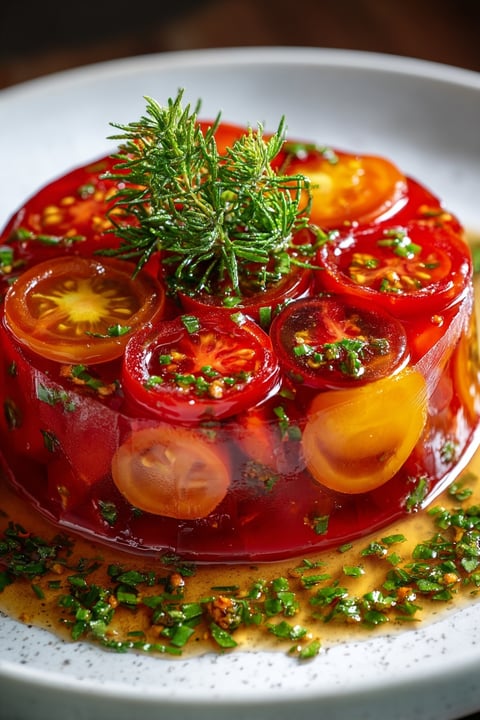 A red tomato aspic with herbs on top.