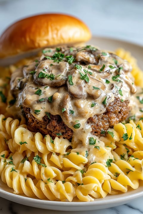 Hamburger Stroganoff with mushrooms and cheese.
