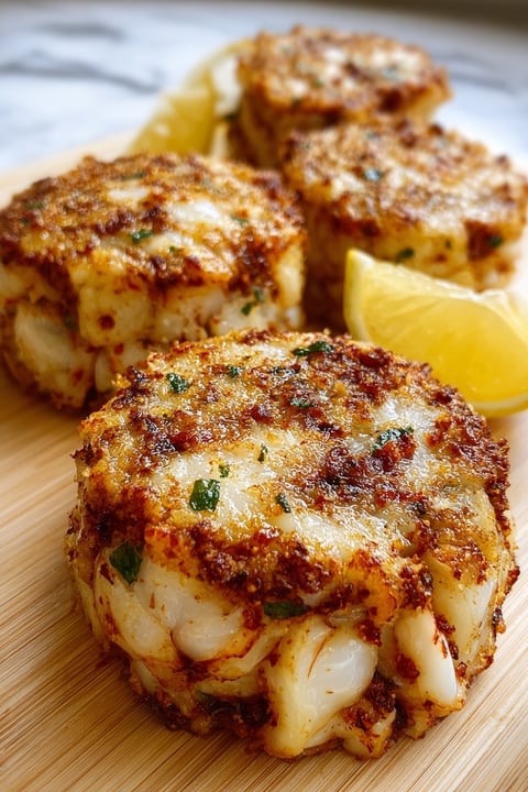 A plate of crab cakes with lemon wedges on top.