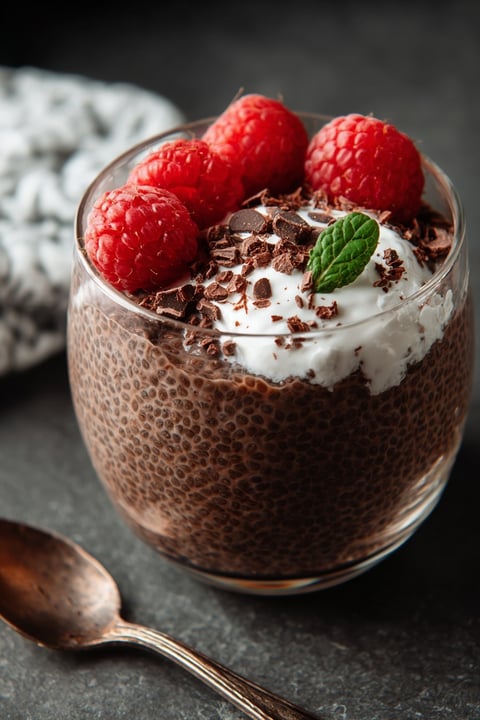A glass of chocolate chia pudding with raspberries on top.