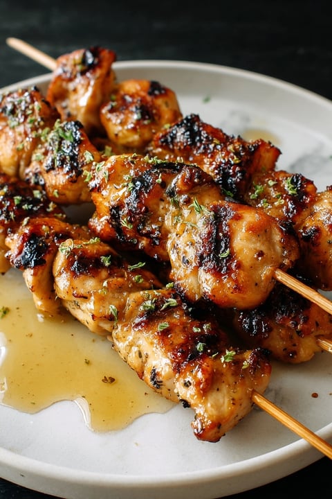 A plate of honey garlic chicken kabobs.