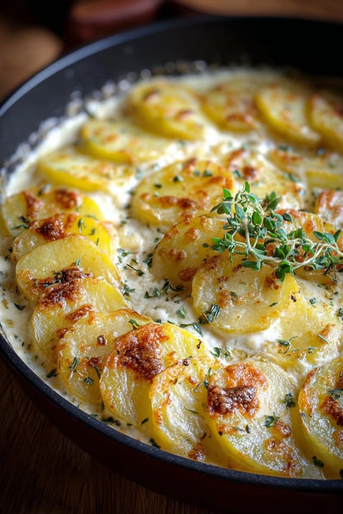 A dish of gratin potatoes with herbs on top.