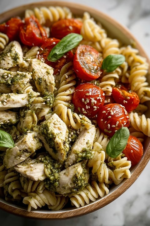 A bowl of chicken pesto pasta salad.