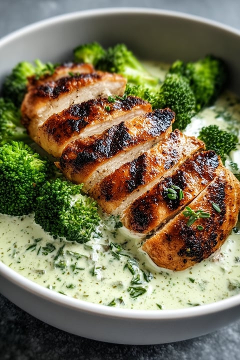A bowl of grilled chicken and broccoli.
