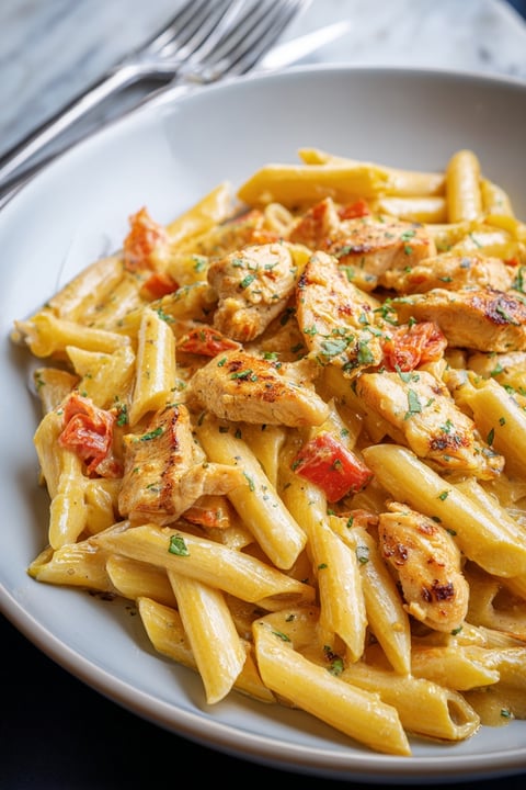 A plate of pasta with chicken and tomatoes.