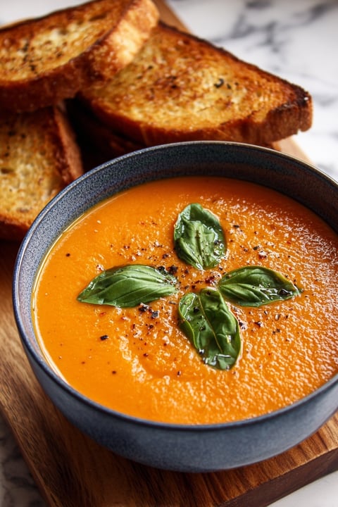 A bowl of soup with basil leaves on top.