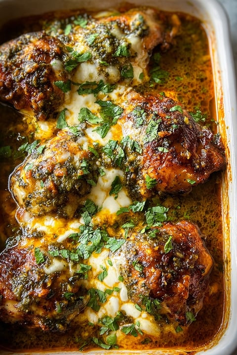 A dish of chicken with salsa verde.