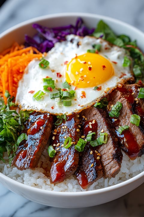 A close up of a delicious Korean BBQ steak rice bowl.