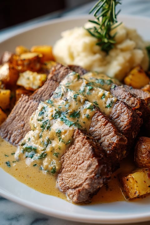 A delicious pot roast with blue cheese gravy.