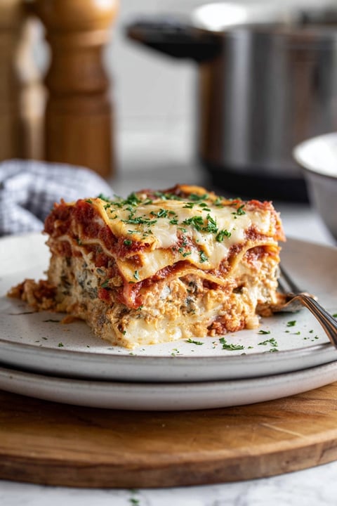 A plate of lasagna with cheese and herbs on top.