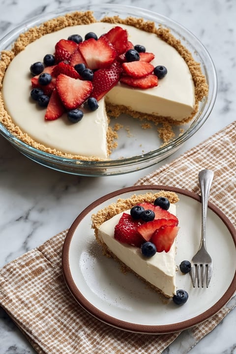 A slice of pie with strawberries and blueberries on top.