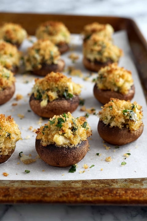 A tray of vegan stuffed mushrooms.