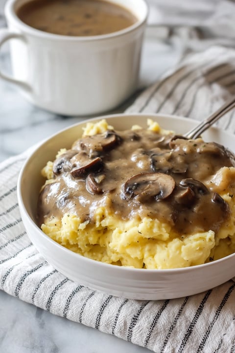A bowl of mushroom gravy with a spoon in it.