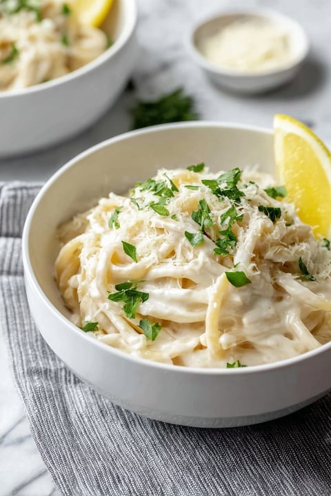 A bowl of pasta with lemon wedges on top.
