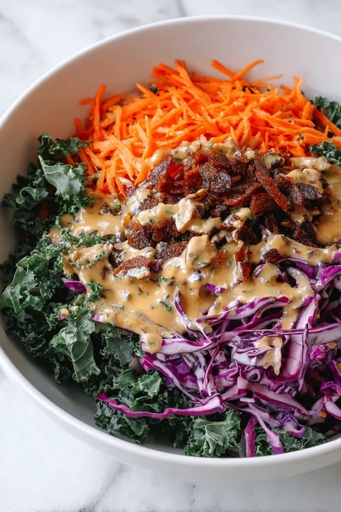 A bowl of kale slaw with harissa dressing.