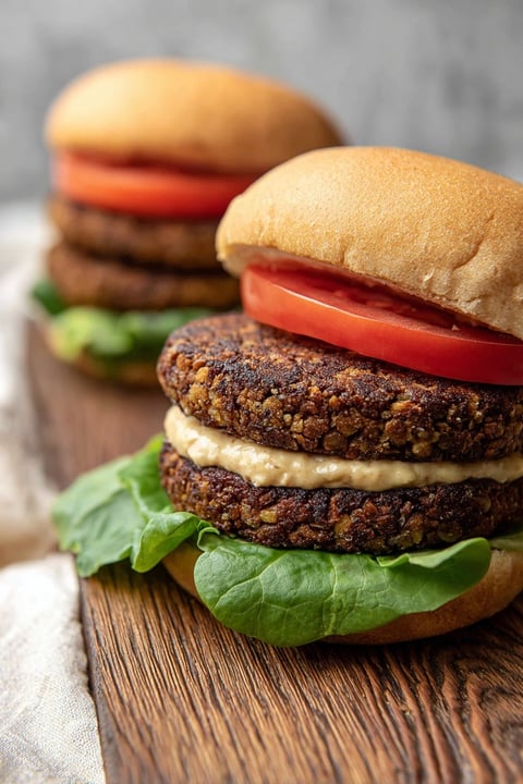 Two mushroom veggie burgers on a wooden table.