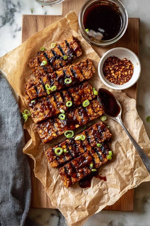 A plate of vegan Korean BBQ tempeh.