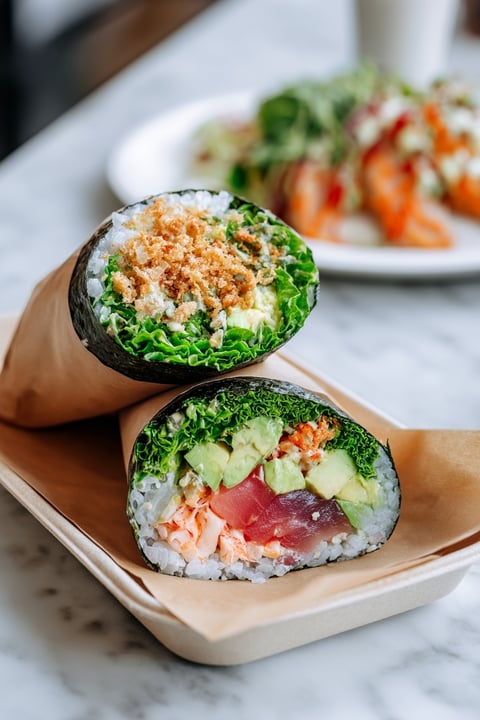 A sushi burrito with rice, avocado, and salad.
