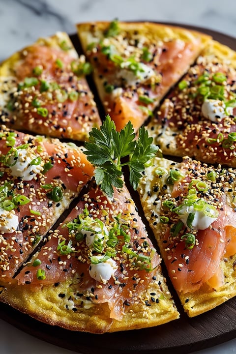 A slice of sushi pizza with black sesame seeds on top.