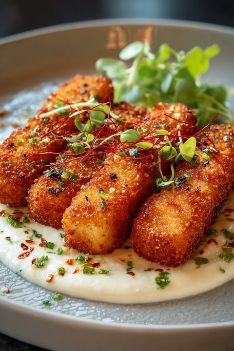 Crispy Hungarian potato cheese sticks on a plate.