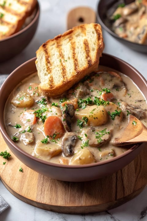 A bowl of creamy vegan mushroom stew with a slice of bread on top.