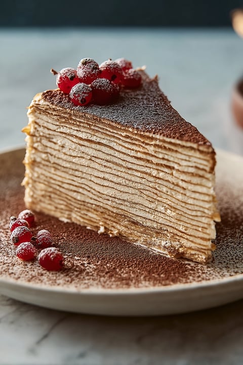 A slice of Tiramisu Crepe Cake.