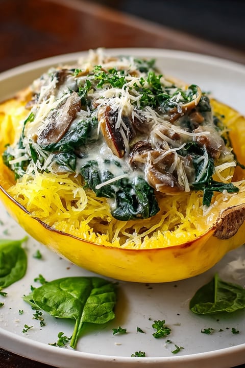 A creamy spinach and mushroom stuffed pumpkin.