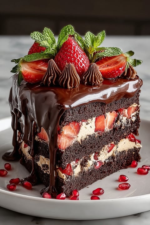 A chocolate strawberry drip cake with chocolate drizzle.