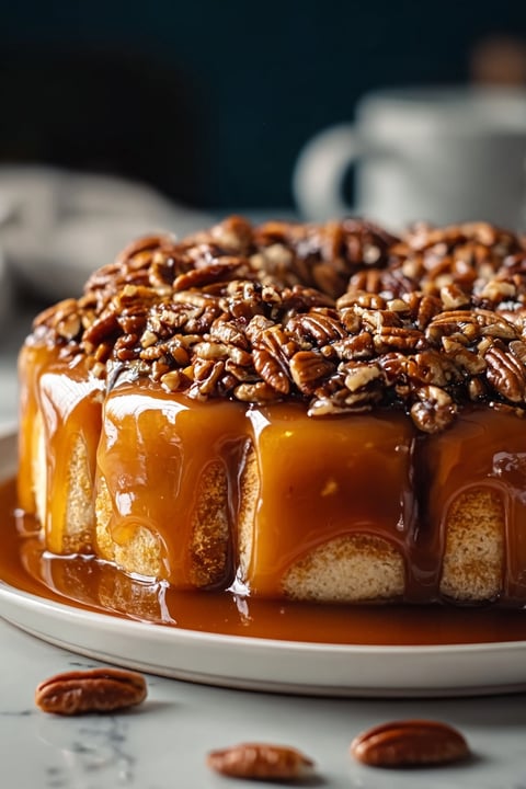 A caramel pecan sticky bun on a plate.