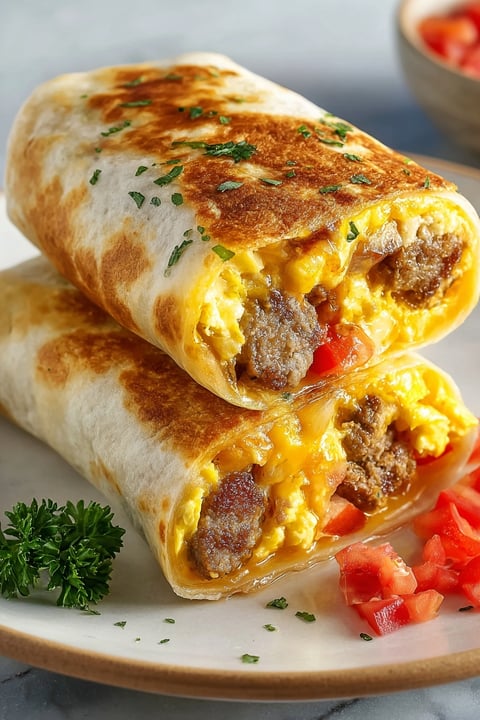 A cheesy sausage and egg wrap.
