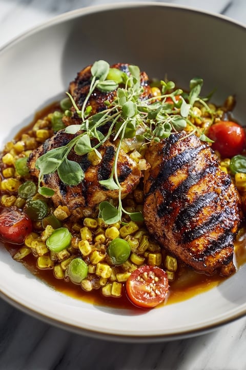 Grilled chicken with tomatoes and greens.