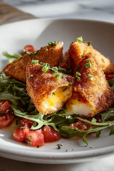 Fried cheese stuffed Doritos on a plate.