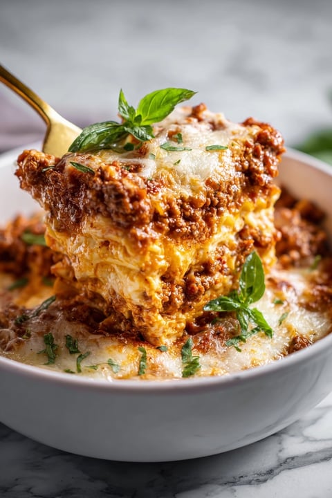 A bowl of lasagna with a fork in it.