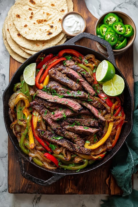 A sizzling steak fajita with peppers and onions.