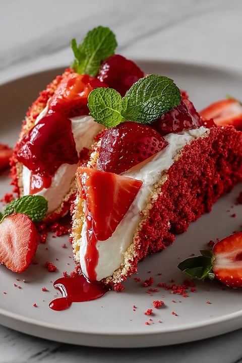 A slice of strawberry crunch cheesecake taco.