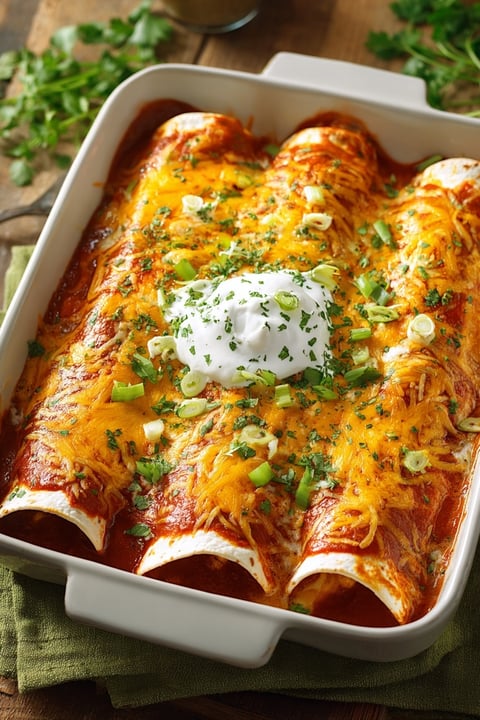 A dish of chicken and cheese enchiladas.