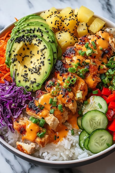 A plate of food with chicken, rice, and vegetables.
