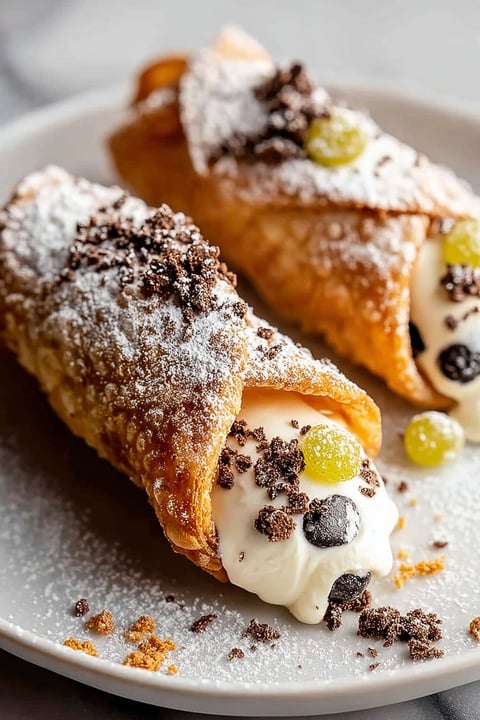A close up of a cannoli with chocolate and white cream.
