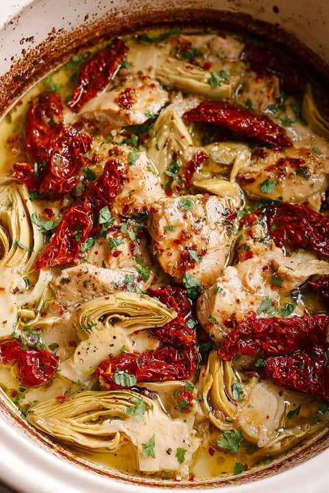 A close up of chicken thighs in a crock pot with artichokes.