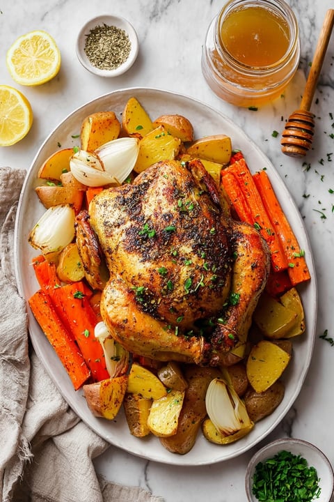 A plate of food with a chicken and potatoes.