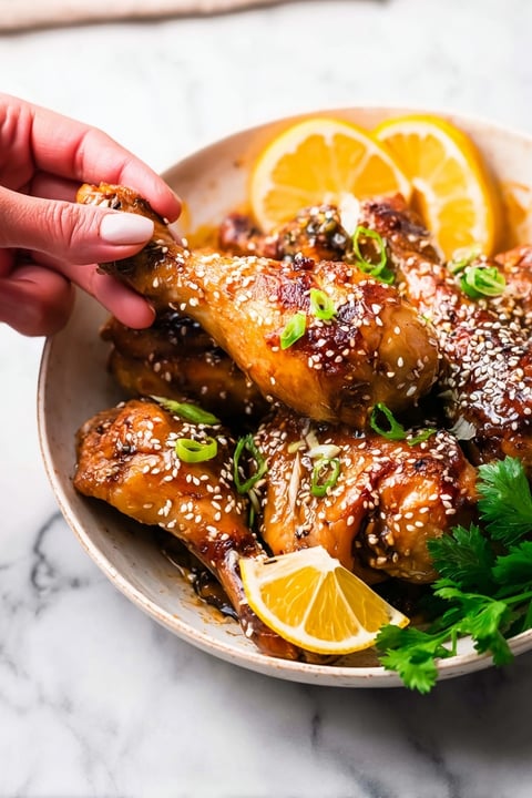 A bowl of chicken drumsticks with a lemon wedge on top.