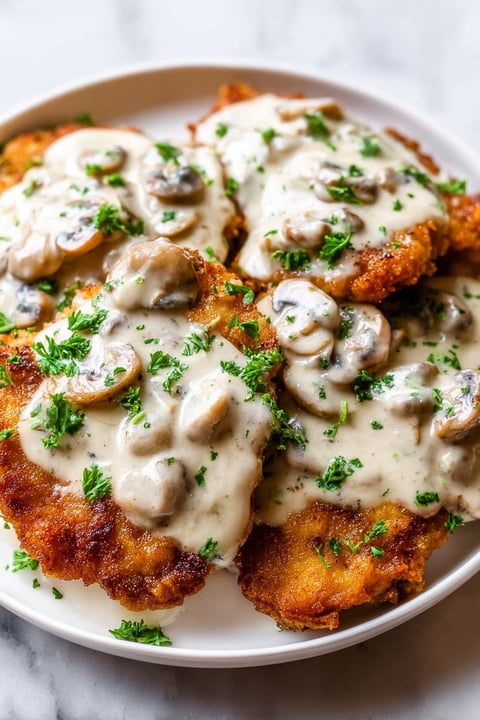 A plate of pork with mushrooms and cream sauce.