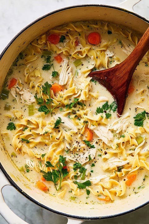 A bowl of creamy chicken noodle soup.