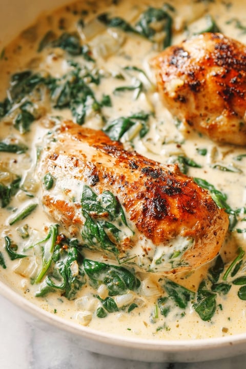 A bowl of creamy spinach chicken.