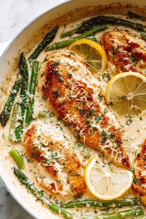 A dish of creamy lemon chicken with green beans and lemon wedges.