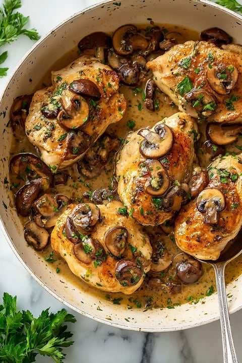Chicken Marsala with mushrooms and herbs.