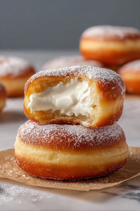 A donut with white cream in the middle.
