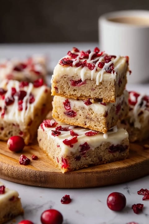 Cranberry Bliss Bars on a wooden table.