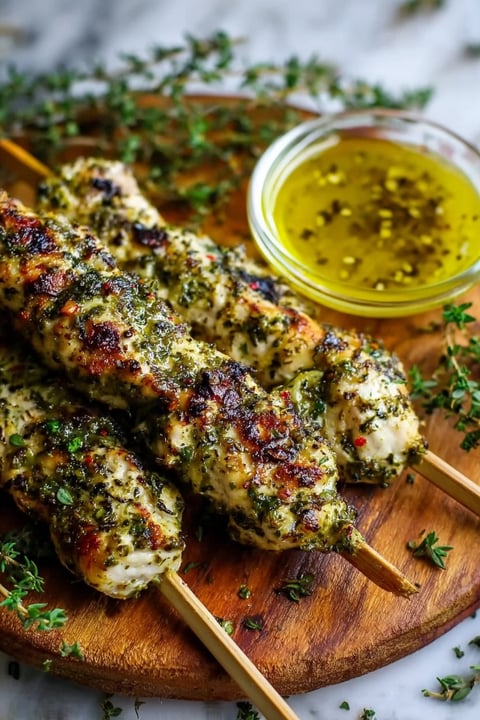Chicken Souvlaki marinated in a bowl.