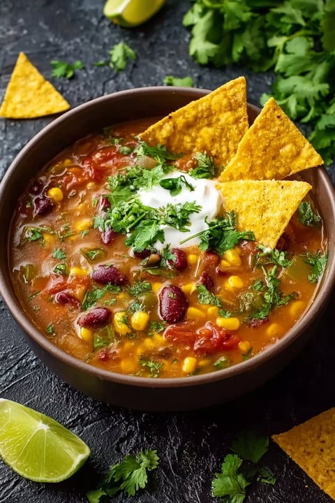 A bowl of soup with tortilla chips on top.